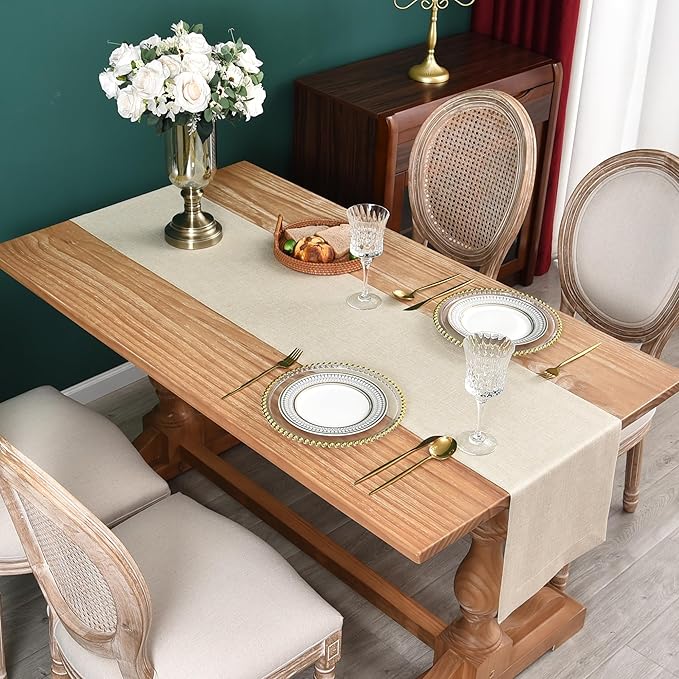 NEWISHER Farmhouse Rustic Table Runner Solid Beige Rectangular Table Runners - Image 2
