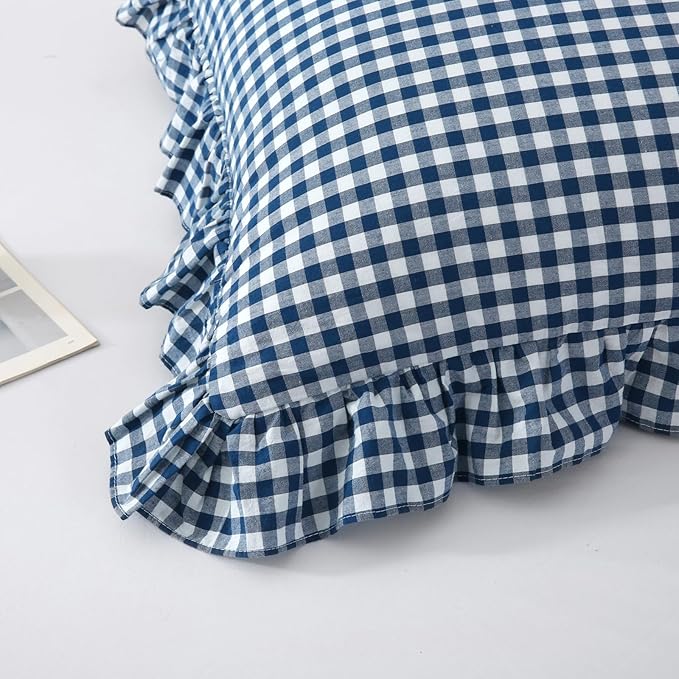 Navy Blue Plaid Ruffle Throw Pillow Covers 20"x20", 2 Pack Vintage Checkered - Image 6