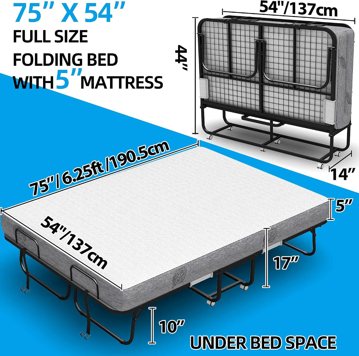 full size folding bed with mattress for adults, close-up detail