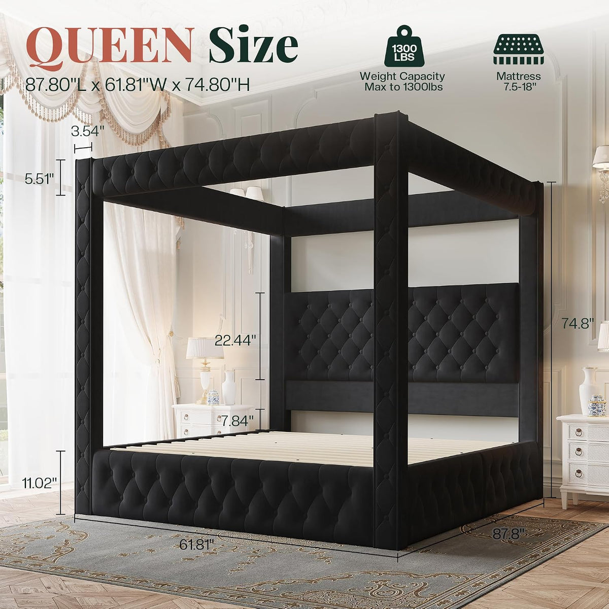 jocisland queen canopy bed frame velvet upholstered headboard shown in use