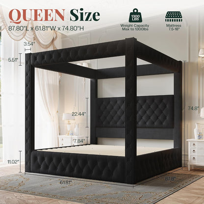 jocisland queen canopy bed frame velvet upholstered headboard shown in use