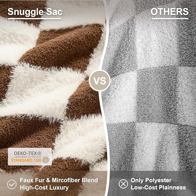 Snuggle Sac Brown Checkered Throw Blanket Faux Fur Microfiber Blankets - Image 2