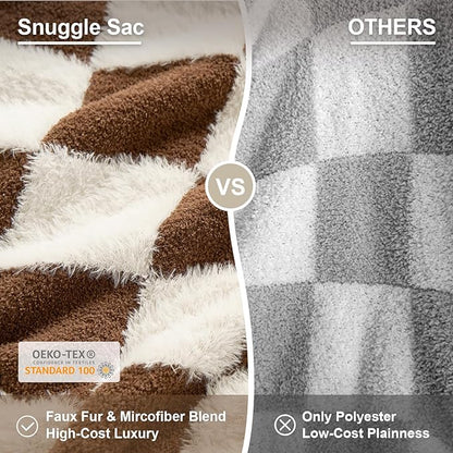 Snuggle Sac Brown Checkered Throw Blanket Faux Fur Microfiber Blankets - Image 2