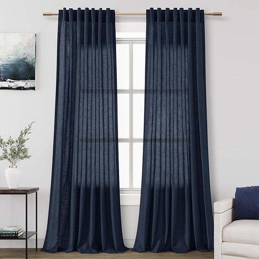 Navy Blue Linen Curtains 90 inch Length by Nanspring