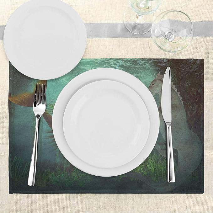 Ambesonne Mermaid Place Mats Set of 4, Mermaid Meets Seahorse Underwater World - Image 3