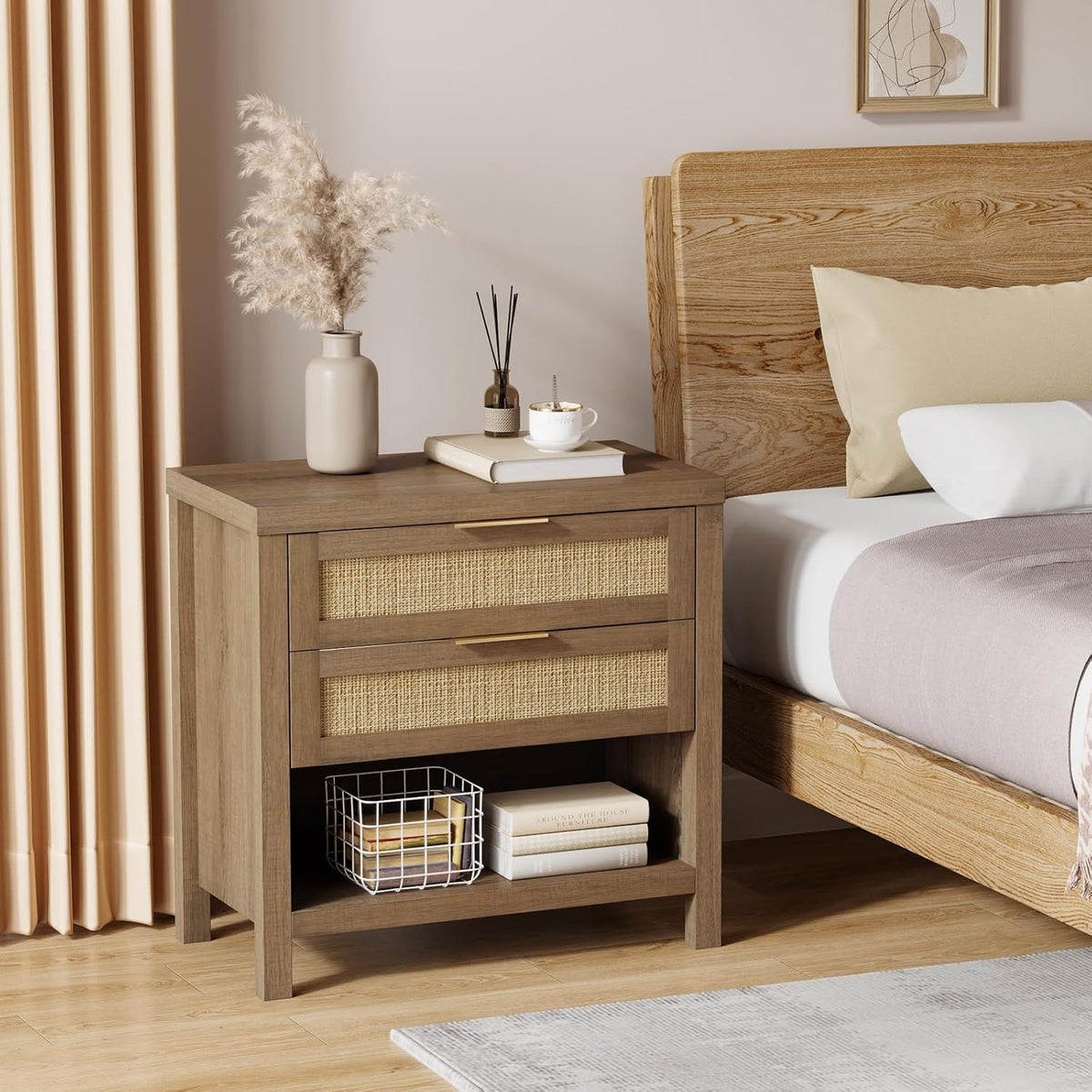 eclatara rattan nightstands with 2 drawers and storage, close-up detail