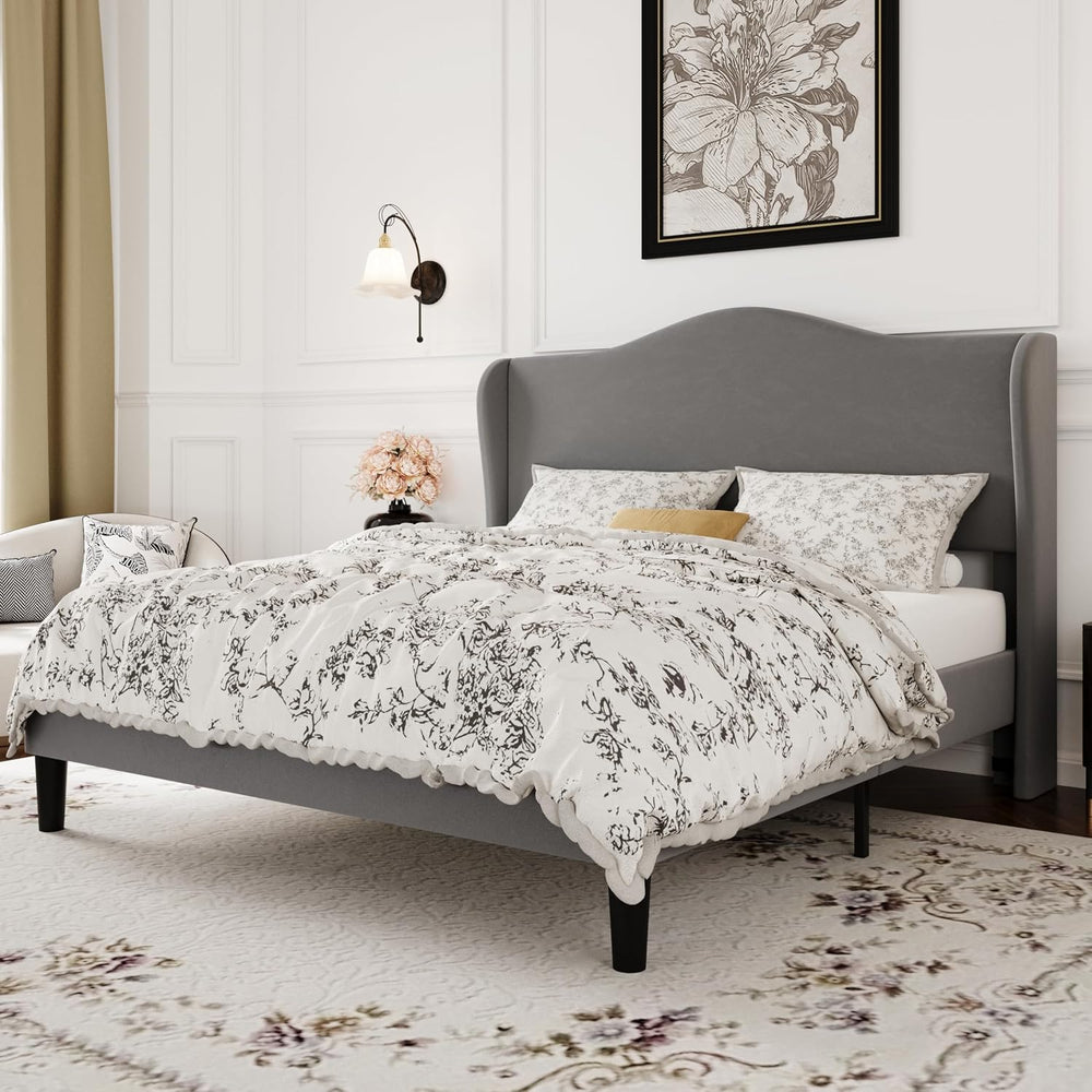 SHA CERLIN Queen Size Bed Frame with Curved Wingback Headboard, Soft Grey