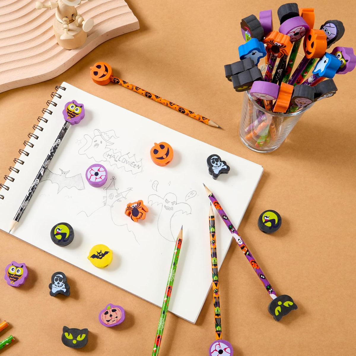 JOYIN 108PCS Halloween Pencils with Erasers Stationery Set, 108 Colorful Pencils in 6 Design, 108 Giant Erasers in 12 Style for Kid Trick or Treat, Halloween Party Favor Supplies, Classroom Prize Gift