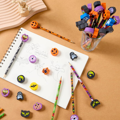 JOYIN 108PCS Halloween Pencils with Erasers Stationery Set, 108 Colorful Pencils in 6 Design, 108 Giant Erasers in 12 Style for Kid Trick or Treat, Halloween Party Favor Supplies, Classroom Prize Gift