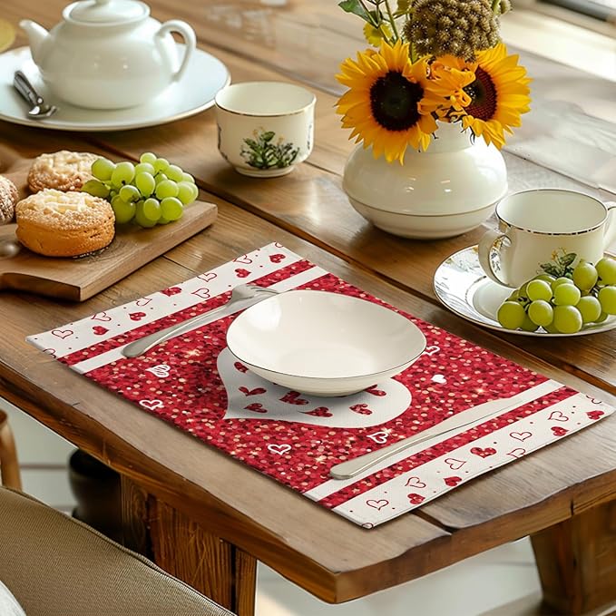 Valentine Hearts Placemats Set of 4, 12x18 Inch Red White Love Heart Linen - Image 6
