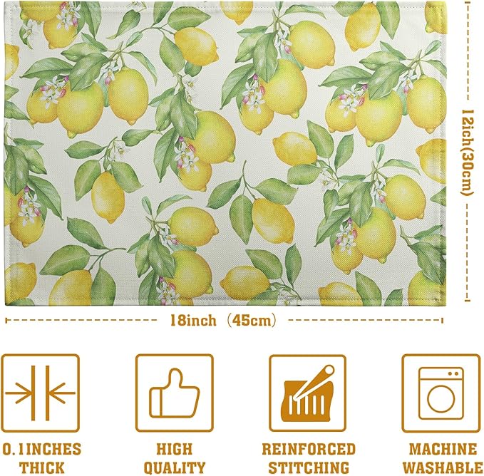 Lemon Placemats Set of 4 Summer Yellow Fruit Green Leaf Floral Linen Table Mat - Image 4