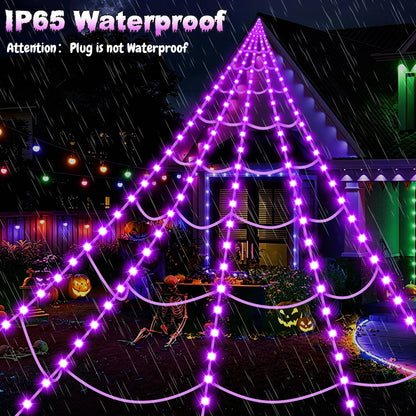 Halloween Decorations Outdoor, 250 LED Halloween Giant Spider Web Lights, 200" Lighted Spiderweb Light up with 8 Modes for Yard Haunted House Decor, Remote Control Lighted Spider Dark Purple