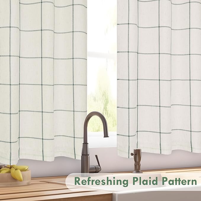 DriftAway Kitchen Curtains Striped Tier Linen Short Curtains Windowpane Plaid - Image 5