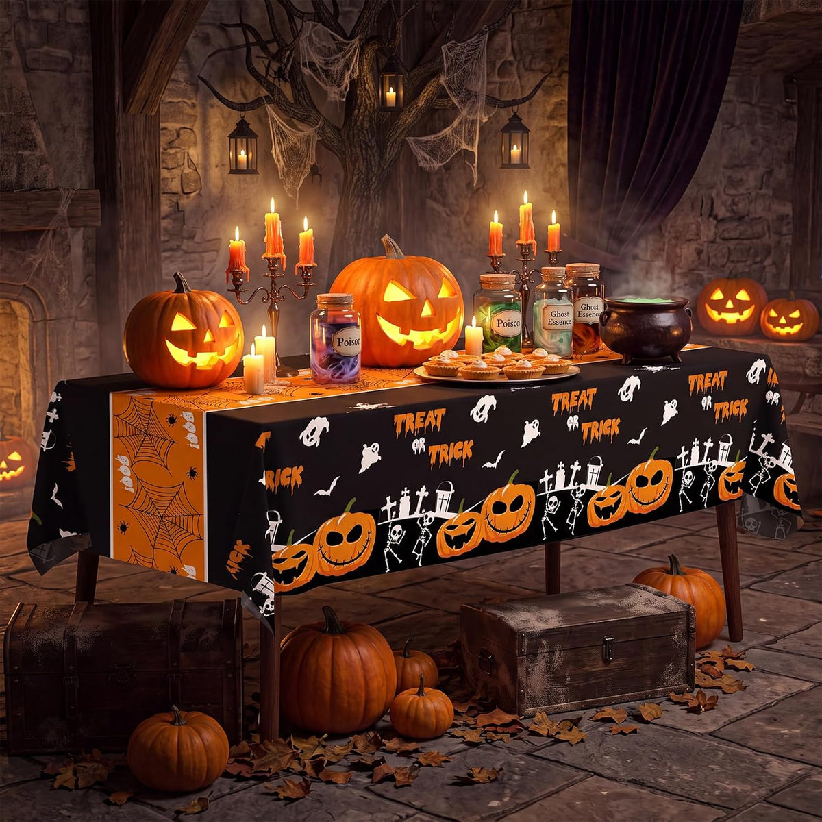 54 Inch X 300 Feet Plastic Table Cover Roll Disposable Halloween Tablecloth with Slide Cutter Pumpkin Ghost Plastic Table Covers for Halloween Party Decorations(Halloween Table Runner, 300Feet)