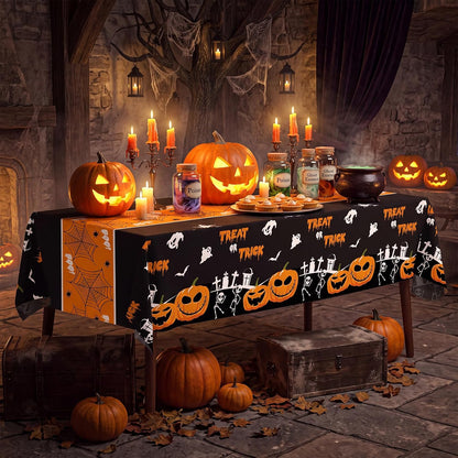54 Inch X 300 Feet Plastic Table Cover Roll Disposable Halloween Tablecloth with Slide Cutter Pumpkin Ghost Plastic Table Covers for Halloween Party Decorations(Halloween Table Runner, 300Feet)