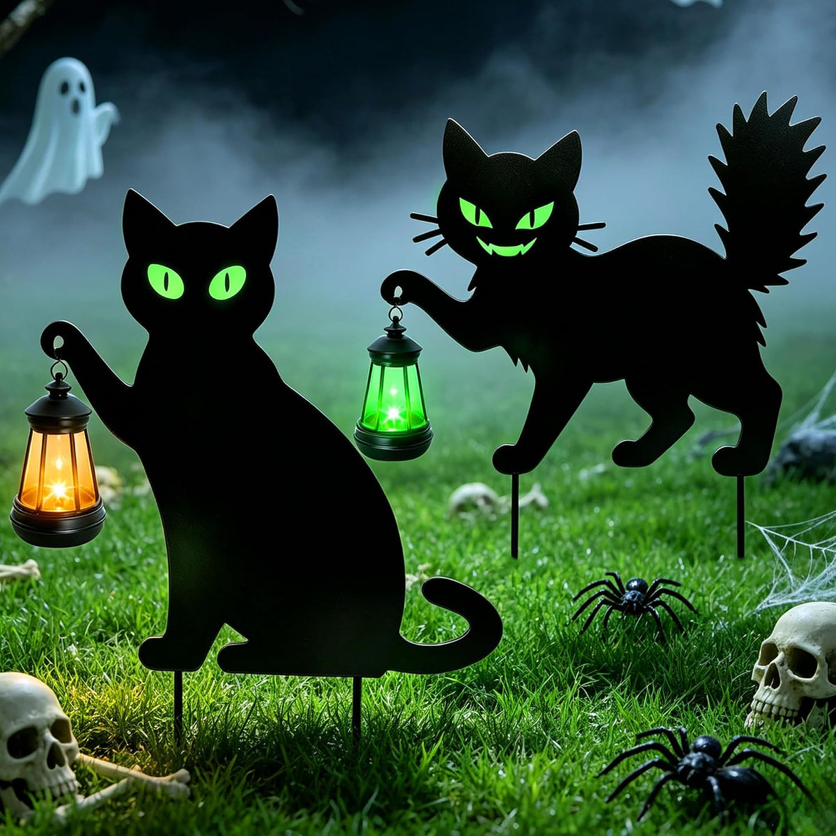 Halloween Spooky 2 Types Black Cat Yard Signs with Lantern(2PCS)