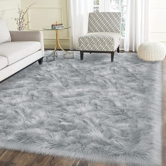 Latepis Grey Rugs for Living Room Shag 6x8 Faux Fur Sheepskin Rug for Sofa by Latepis