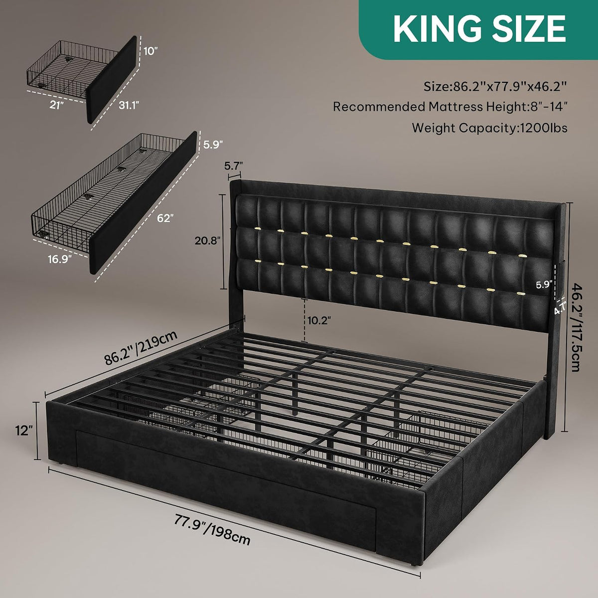 yitahome king size bed frame with 3 storage shown in use