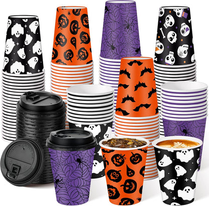 100 Set Halloween Disposable Coffee Cups with Lids 12oz, Bulk Black Orange Pumpkin Ghost Bat Disposable Party Paper Cups for Hot Chocolate Cold Drinks Halloween Birthday Party Supplies Decorations