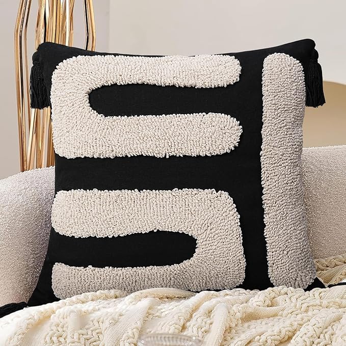 Adabana Black and Beige Pillow Covers 18x18 Decorative Tufted Abstract Throw by Adabana