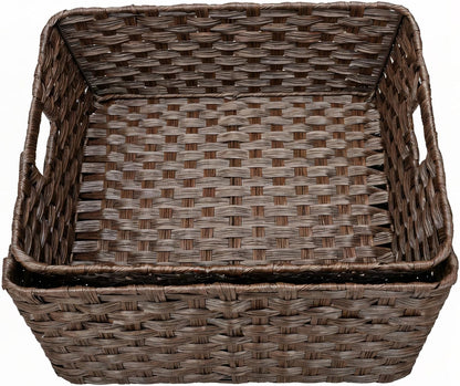 onlytak large 2-pack plastic wicker storage baskets, 17"x13"x5.5", front angle view