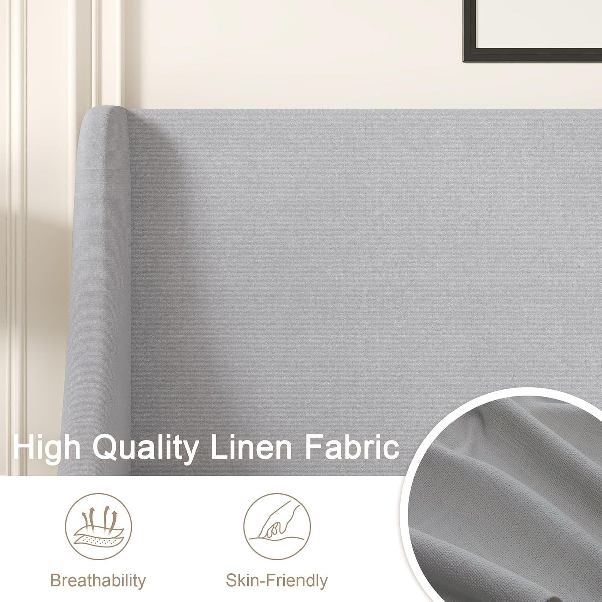 vecelo queen bed frame with upholstered wingback headboard showing dimensions