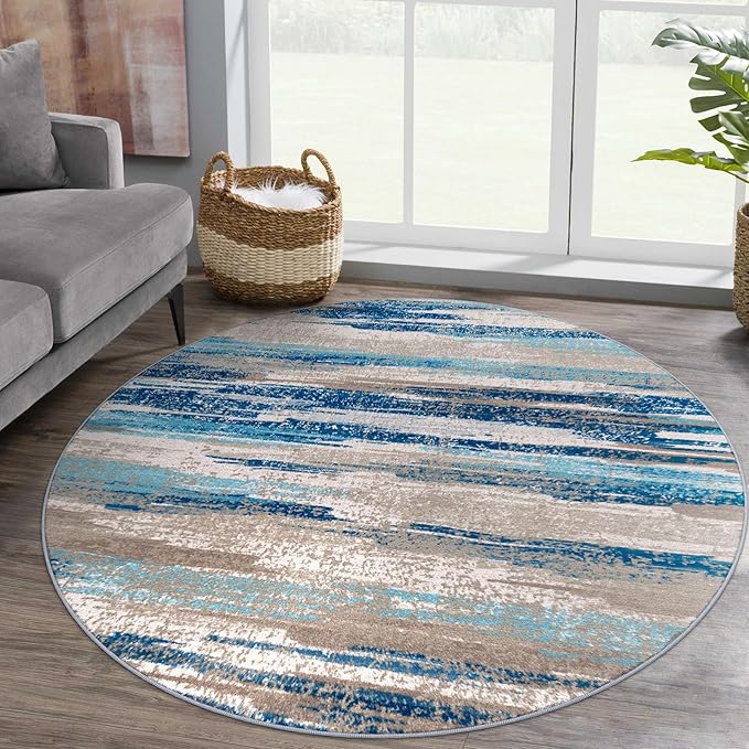 Modern Abstract Round Rug 5Ft, Circular Dining Room Rugs Thin Print Faux Wool - Image 2
