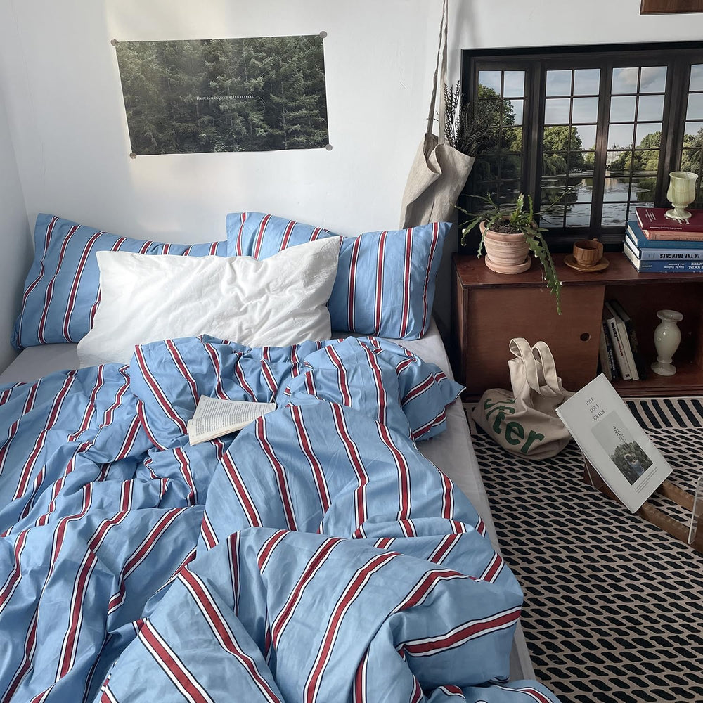 mixinni Vintage Striped Blue Duvet Cover Full - 100% Cotton Red Stripes 3-Pie...