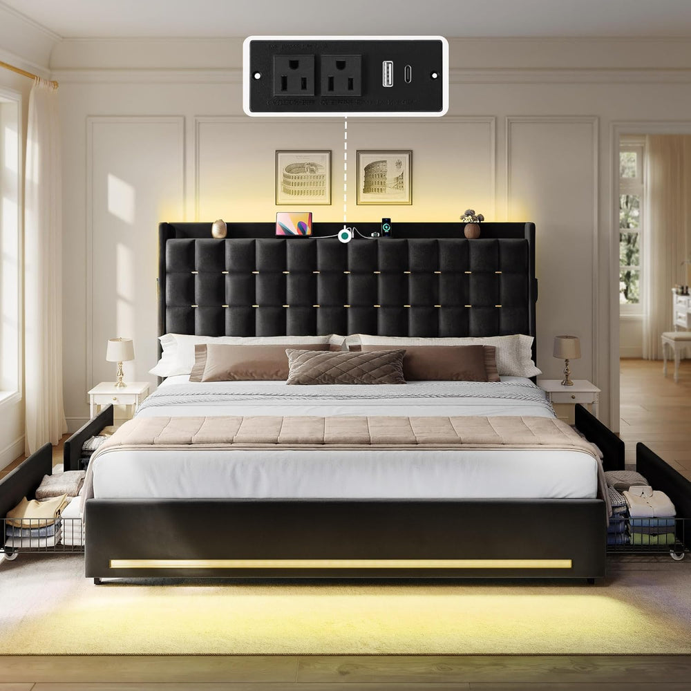 DWVO King Size Bed Frame, 4 Drawers and RGB LED Light,Charging Station