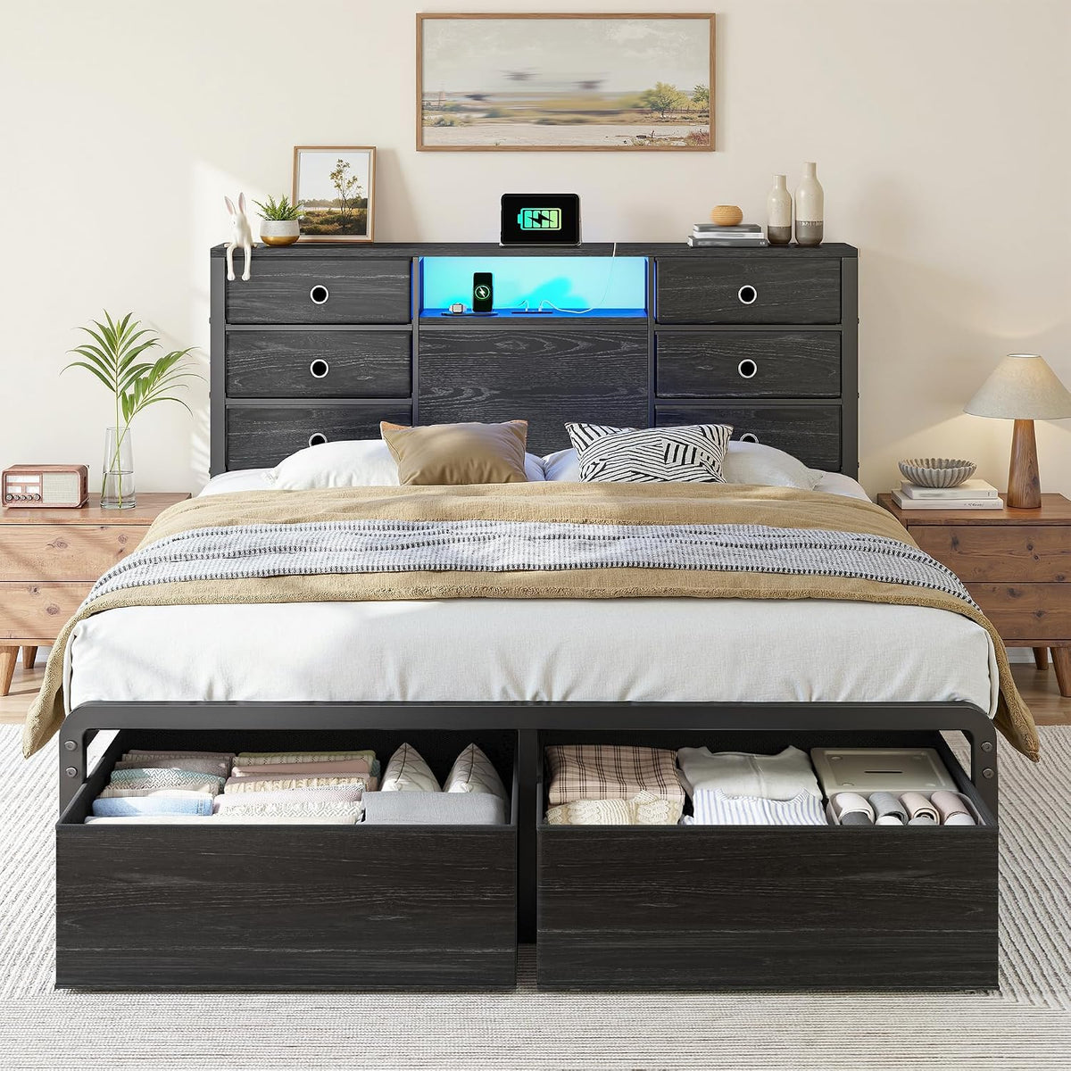 homkdom queen size bed frame with 8 drawers, main product view