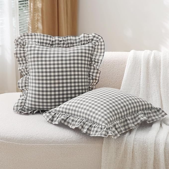 2 Pack Grey White Plaid Ruffle Throw Pillow Covers 18x18 inches, 100% Cotton - Image 3