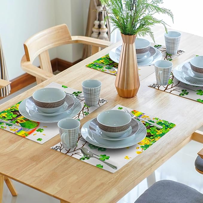 Giwawa St Patricks Day Placemats Set of 4-12"x18" Lucky Clover Tree Elf Hat - Image 7