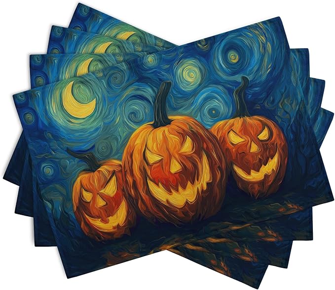 Halloween Placemats Set of 4 Pumpkin Vincent Van Gogh Starry Night Art Linen - Image 2