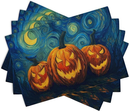 Halloween Placemats Set of 4 Pumpkin Vincent Van Gogh Starry Night Art Linen - Image 2
