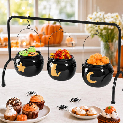 Halloween Decorations 3 Ceramic Witches Cauldron Candy Serving Bowl on Rack, Black Cauldron Snack Bowls Party Decorations, Hocus Pocus Witch Candy Cauldron with Cat, Moon, Star Pattern for Table Decor