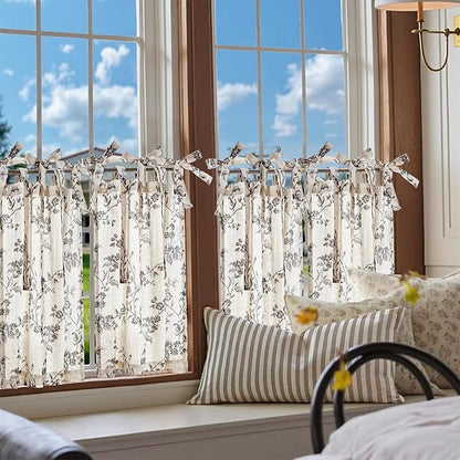 jinchan Floral Kitchen Curtains 24 Inch Linen Tier Curtains Farmhouse Cafe Half - Image 2