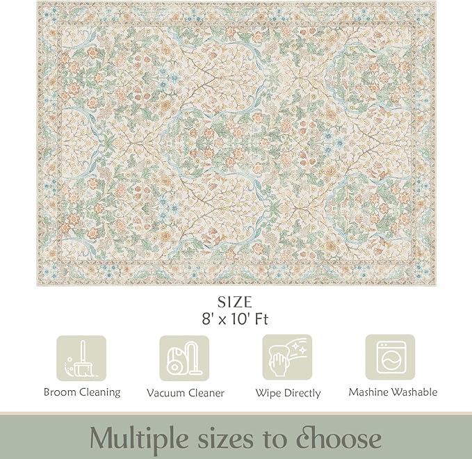 MUJOO 8x10 Area Rugs, Floral Washable Rugs - Image 2