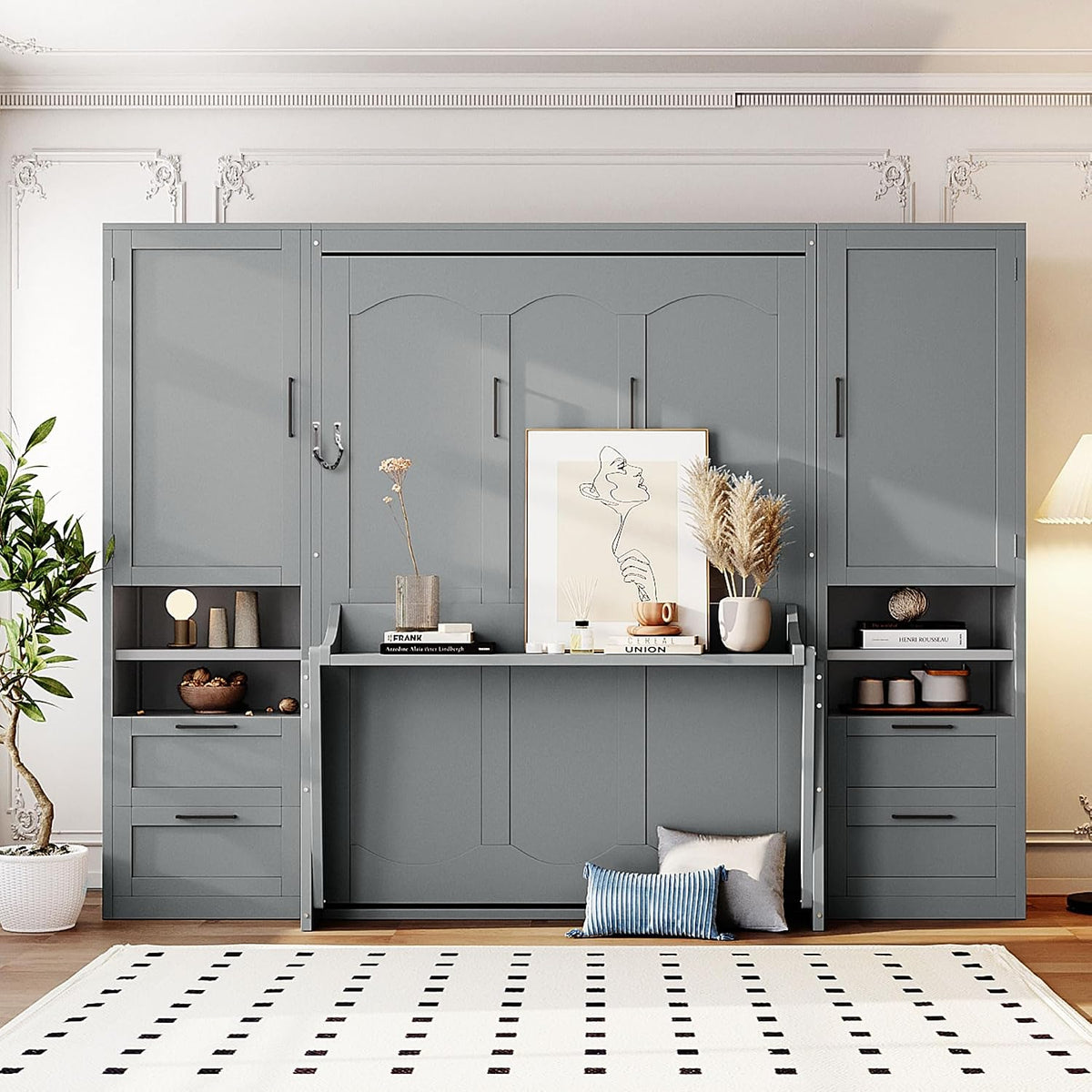 merax full size murphy bed with desk, closet, close-up detail