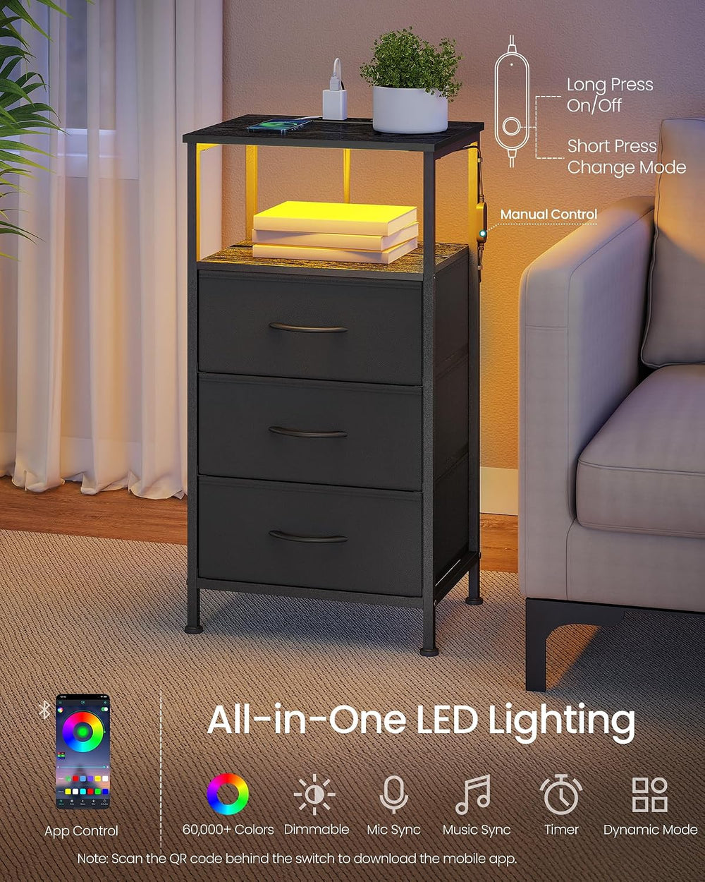 SONGMICS Nightstand with Charging Station, 3 Fabric Drawers