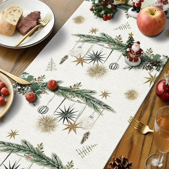 OTOSTAR Xmas Trees Holly Pine Cone Merry Christmas Table Runner, Xmas Seasonal - Image 3
