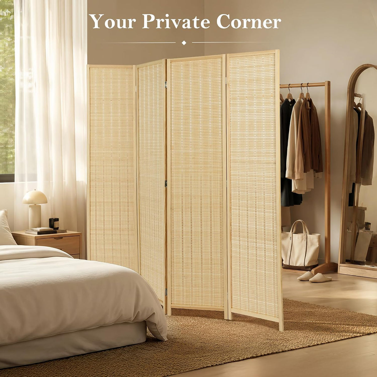 4 panel bamboo room divider, folding privacy screen, package contents