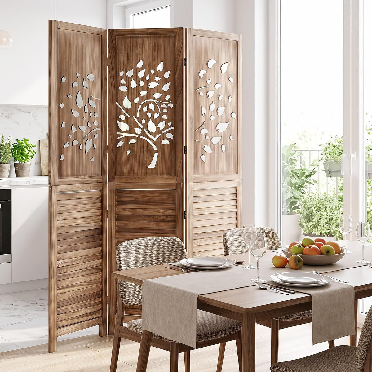 giantex 3 panel folding room divider with tree, front angle view