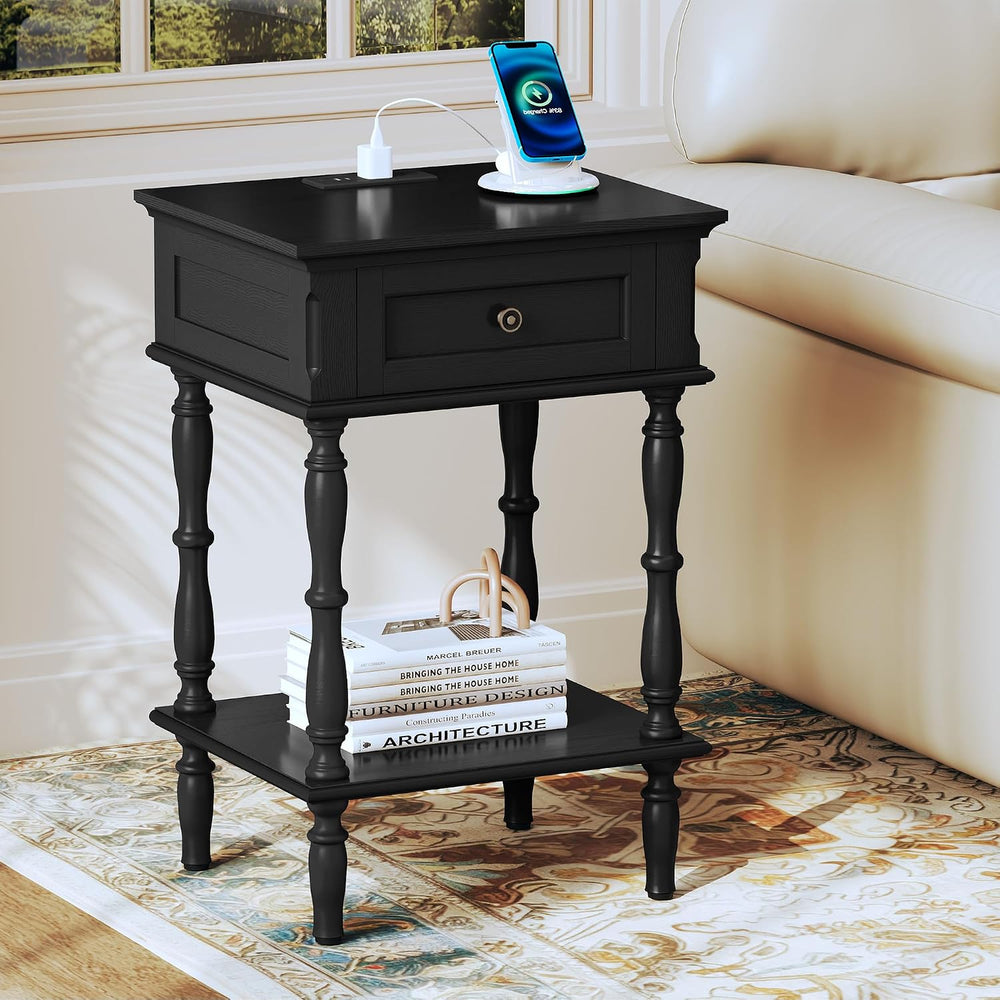 ARTPOWER Nightstand with Charging Station, Minimal Assembly, Retro Wood Night...