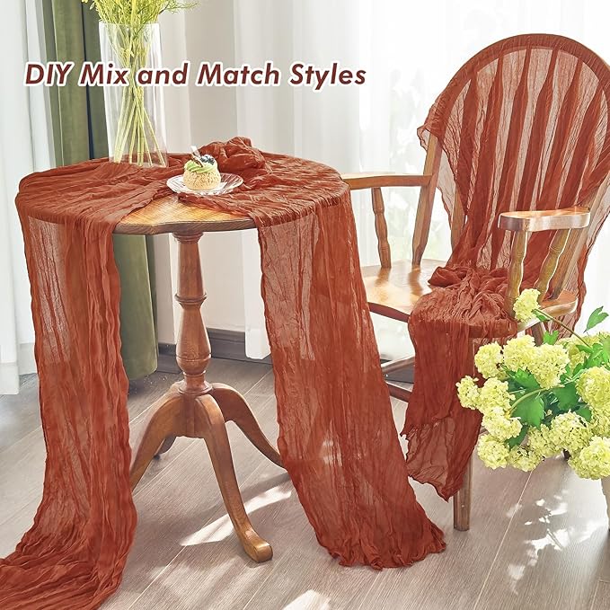 IVAPUPU 2 Pcs Cheesecloth Fall Thanksgiving Table Runner - 10ft Terracotta Boho - Image 4