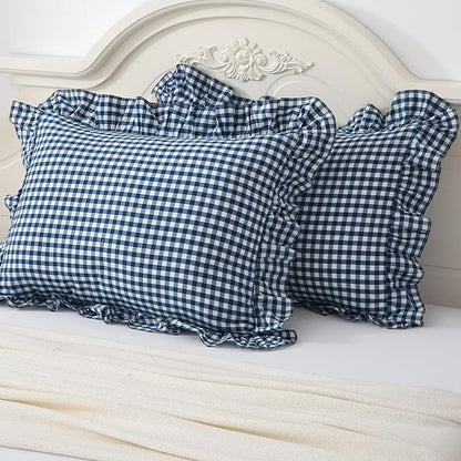Navy Blue/White Plaid Ruffle Pillowcases Farmhouse Pillow Shams King Size Set by Mywinlle