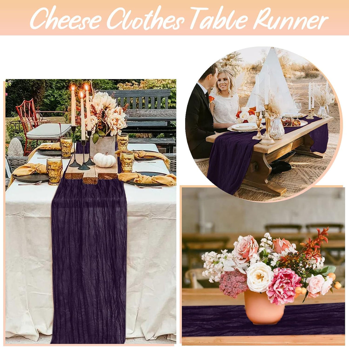 FANPROMS Purple Cheesecloth Table Runner 6 Pack 10FT Rustic Gauze Table Runner Cheesecloth Fabric for Halloween Decor Boho Cheese Cloth Tables Runners Dark Purple for Bridal Shower Prom Party Decor