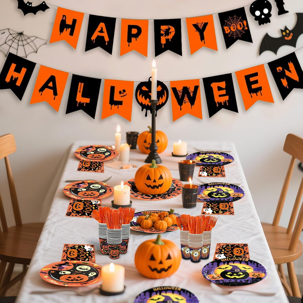 UJoyant 700 PCS Halloween Plates and Napkins Sets, Halloween Party Supplies Includes Disposable Plates Dessert Plates Napkins Cups Plastic Knives Forks Spoons Disposable Dinnerware Set （100 Guest