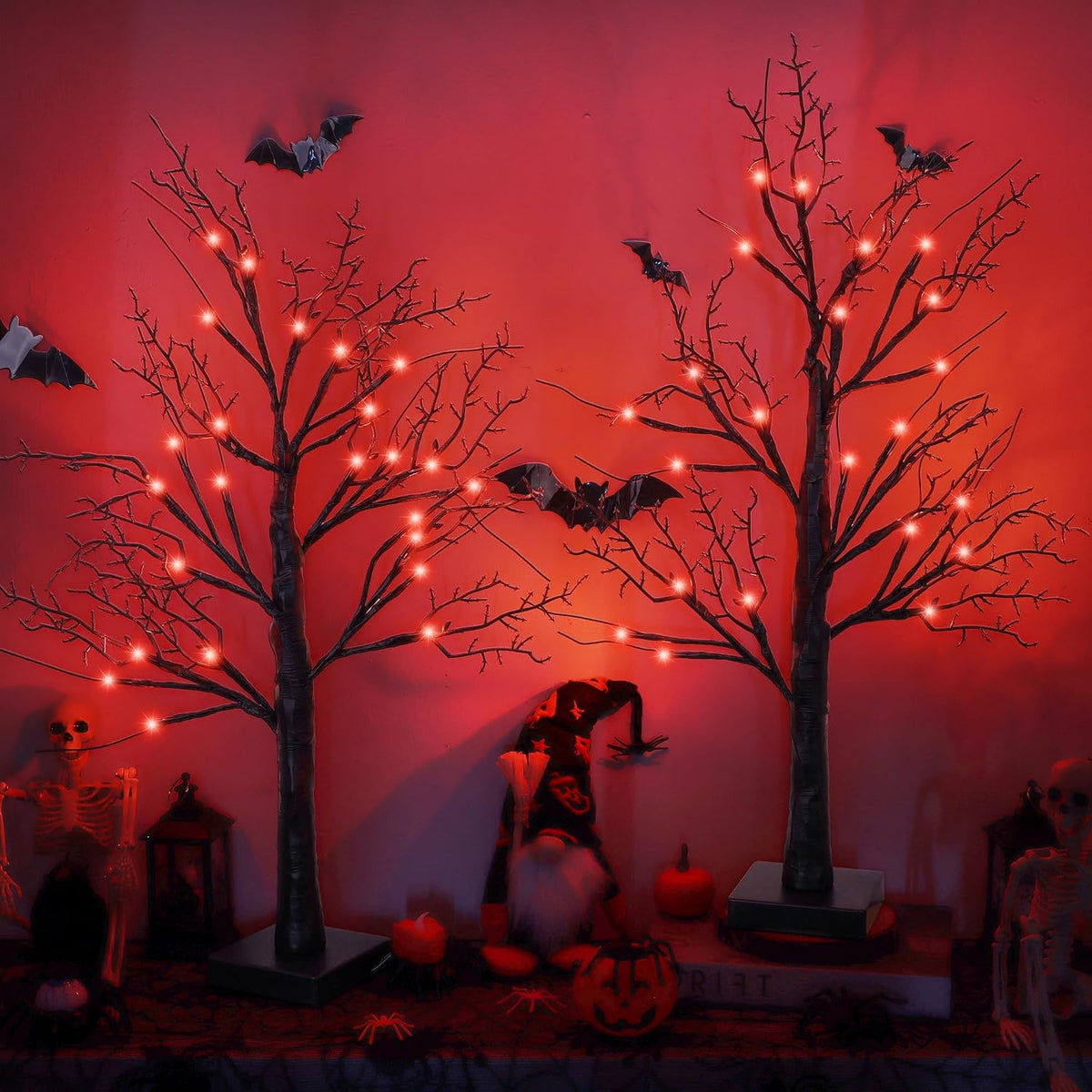 Halloween Decorations Indoor 2 Pack 24 Inch Black Halloween Tree with 24 Orange Red Lights, Timer/USB/Battery Operated Tabletop Lighted Spooky Tree for Halloween Table Decor Home Indoor Office