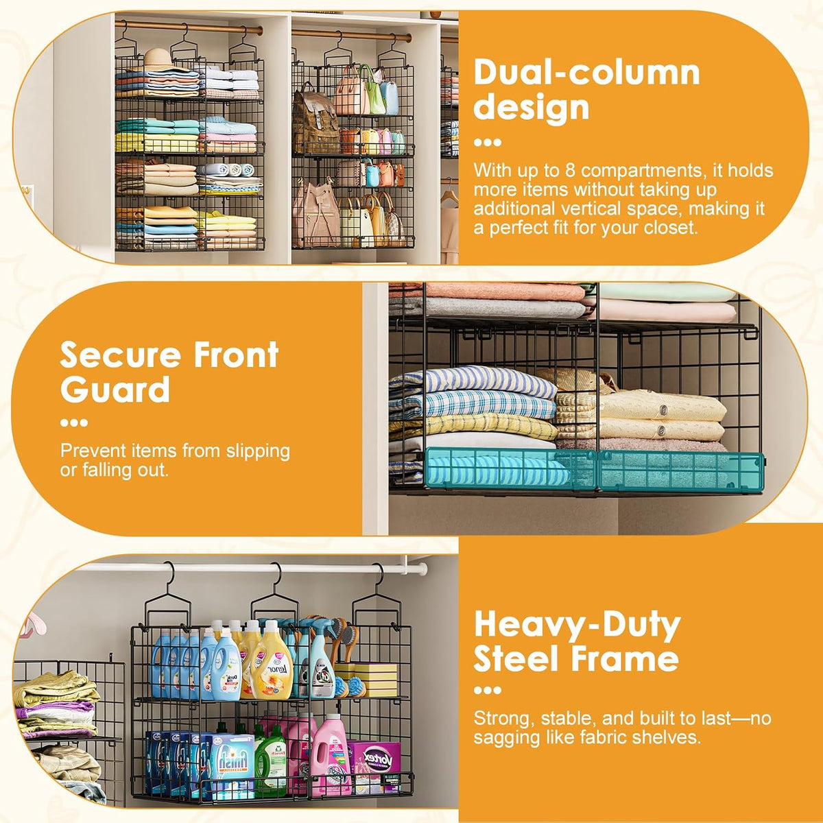 hanging closet organizer with diy spacing, double-row closet, side view