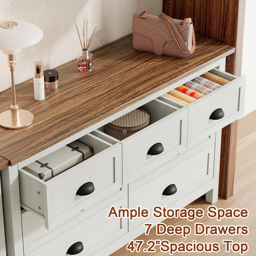 Antique White 7 Drawer Dresser for Bedroom, Farmhouse Wood Chest